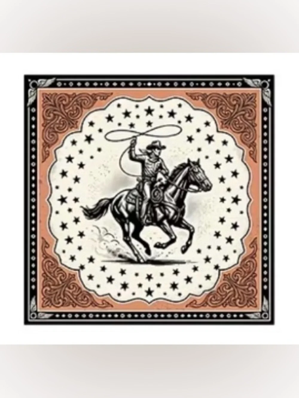 Lasso Cowboy & Horse Bandana Scarf in Black, White & Copper 35”